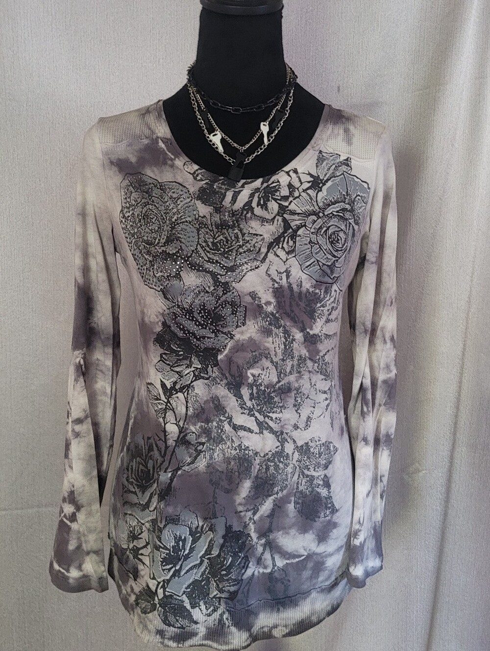 Women's Long-Sleeve Floral Tie-Dye Top - Gray